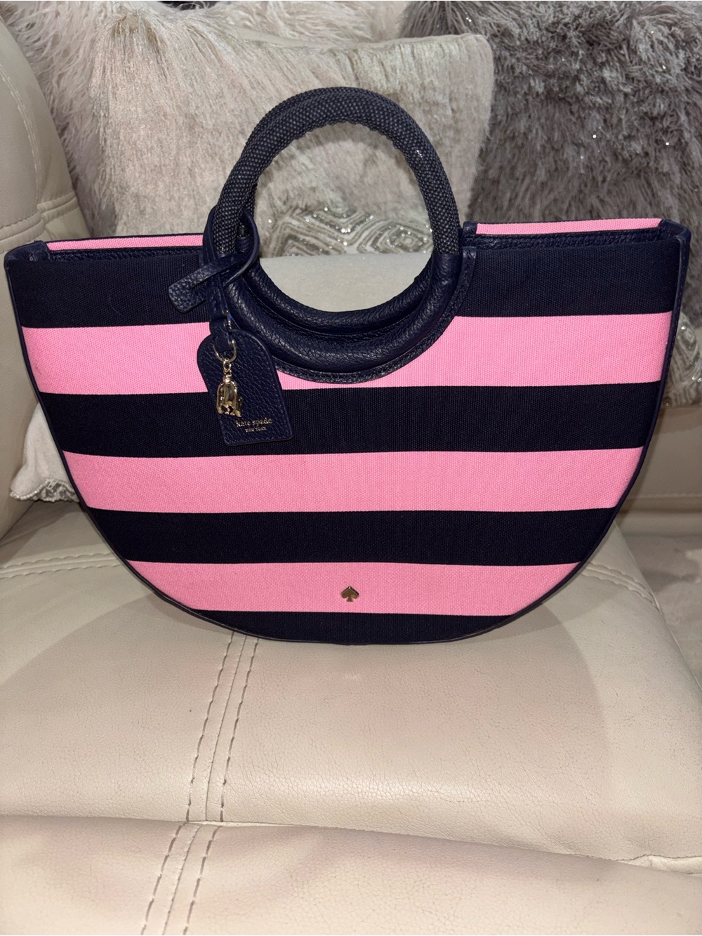 Kate Spade Pink & Navy Striped Half-Moon Tote
